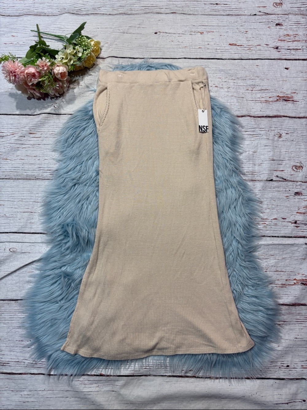 NWT NSF Cream Ribbed Side Slit Maxi Skirt